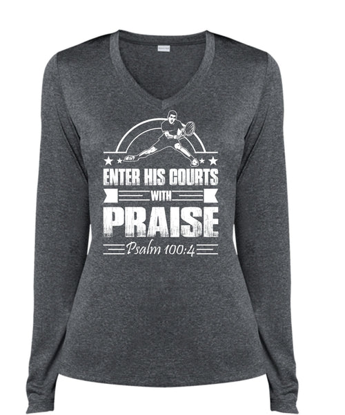 Enter His Courts With Praise T Shirt, Being A Tennis Coach T Shirt, Cool Shirt (Ladies LS Heather V-Neck)