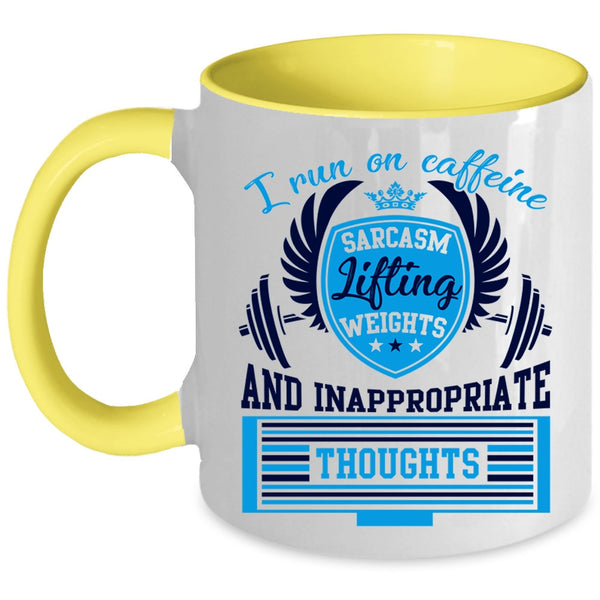 Lifting Weights Coffee Mug, I Run On Caffeine Sarcasm Accent Mug