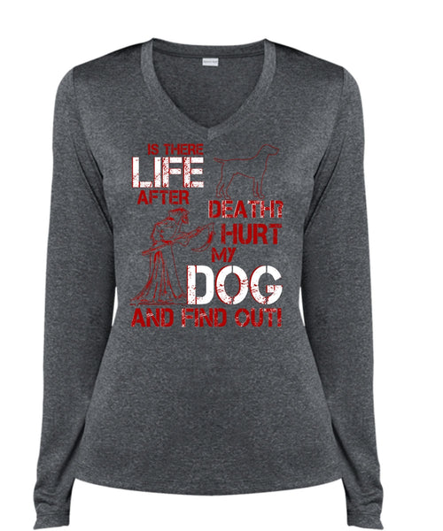 Hurt My Dog And Find Out T Shirt, Is There After Death T Shirt, Cool Shirt (Ladies LS Heather V-Neck)