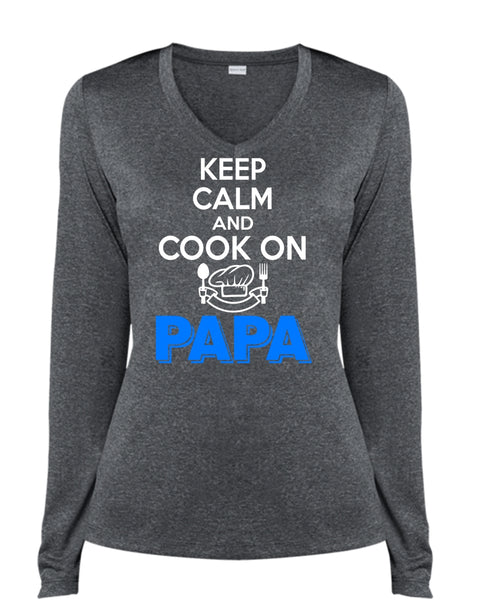 Keep Calm And Cook On Papa T Shirt, Father's Day T Shirt (Ladies LS Heather V-Neck)