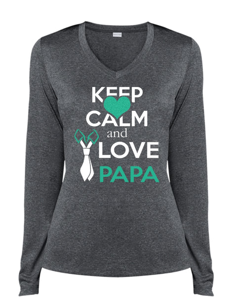 Keep Calm And Love Papa T Shirt, Father's Day T Shirt (Ladies LS Heather V-Neck)