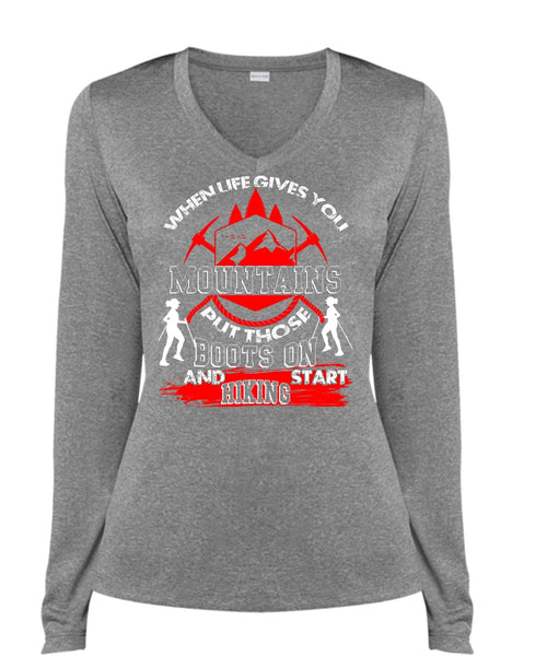 Start Hiking T Shirt, When Life Gives You Mountains T Shirt, Cool Shirt (Ladies LS Heather V-Neck)