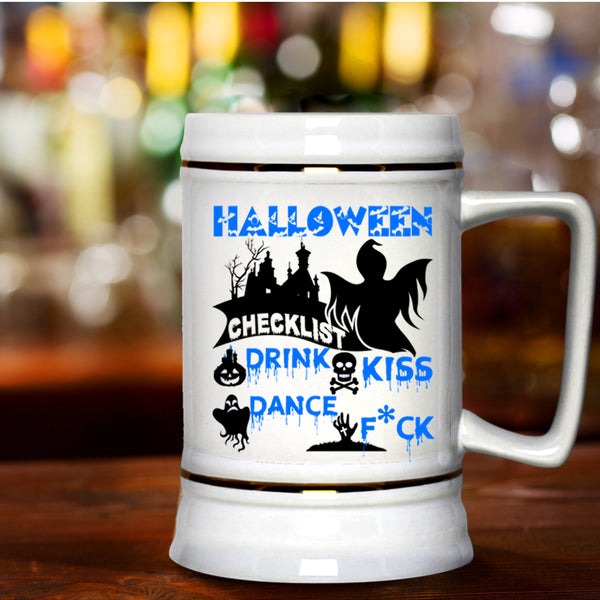 Drink Kiss Beer Stein 22oz, Halloween Checklist Beer Mug