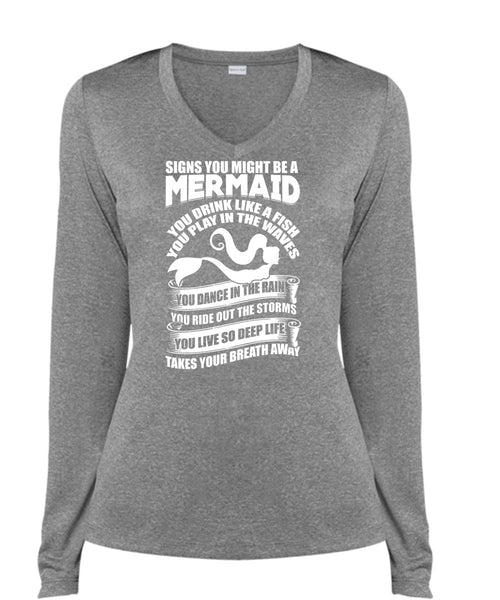 Signs You Might Be A Mermaid T Shirt, Being A Fisher T Shirt, Cool Shirt (Ladies LS Heather V-Neck)