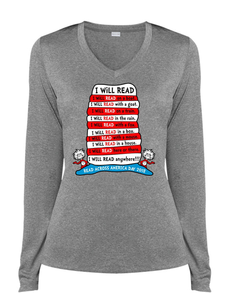 Dr. Seuss T Shirt, I Will Read On Boat T Shirt, The Cat in the Hat T Shirt, I Will Read Anywhere T Shirt, Cool Shirt (Ladies LS Heather V-Neck)