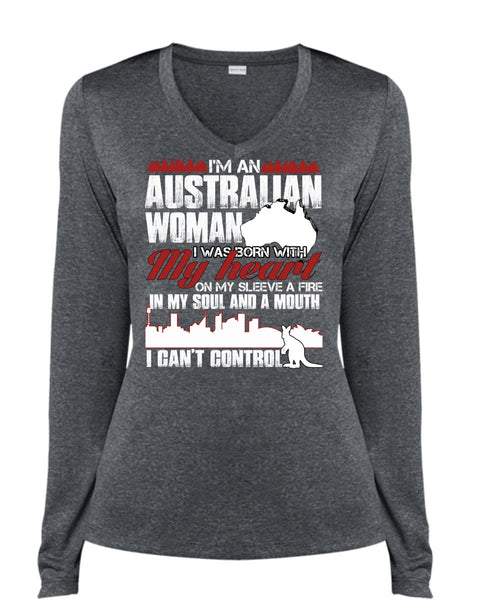 I'm An Australian Woman T Shirt, I Can't Control T Shirt, Cool Shirt (Ladies LS Heather V-Neck)