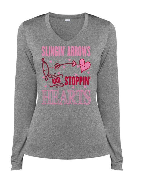 Slinging Arrows And Stopping Hearts T Shirt, I Love Husband T Shirt, Cool Shirt (Ladies LS Heather V-Neck)