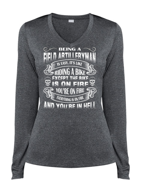 Being A Field Artilleryman Is Easy T Shirt, Diding A Bike T Shirt (Ladies LS Heather V-Neck)