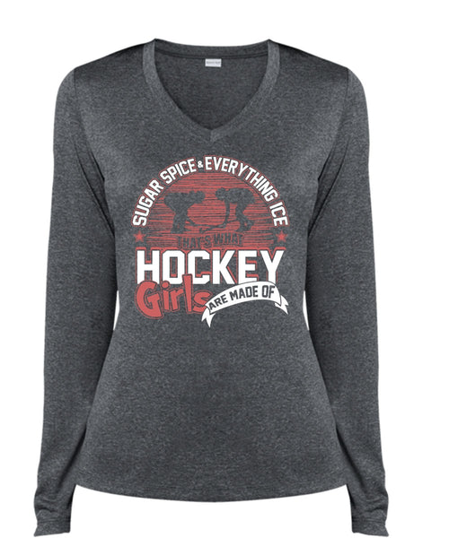 Hockey Girls T Shirt, Being A Hockey Player T Shirt, Cool Shirt (Ladies LS Heather V-Neck)