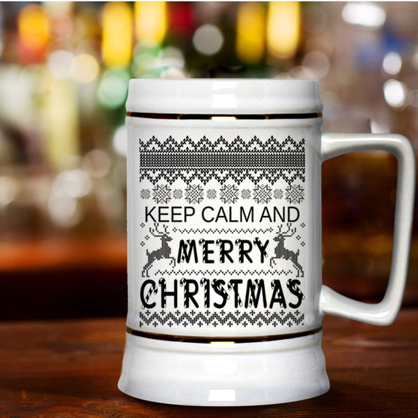 Cute Christmas Beer Stein 22oz, Keep Calm And Merry Christmas Beer Mug