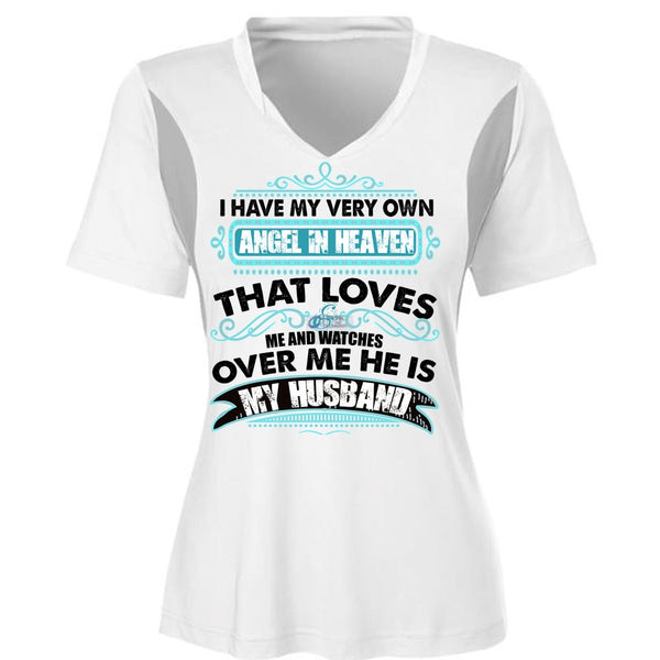 He Is My Husband T Shirt, Angel In Heaven T Shirt, Cool Shirt (Ladies LS Heather V-Neck)