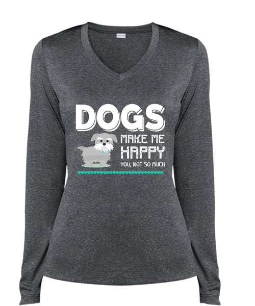 Dogs Make Me Happy You T Shirt, I Love My Dog T Shirt (Ladies LS Heather V-Neck)