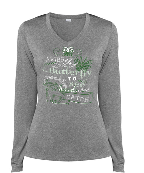 Aries Is Like A Butterfly To See And Too Catch Pretty Harel T Shirt (Ladies LS Heather V-Neck)