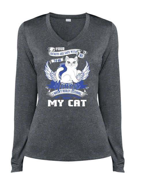 I Was Too Busy Thinking About My Cat T Shirt, My Favorite T Shirt, Cool Shirt (Ladies LS Heather V-Neck)