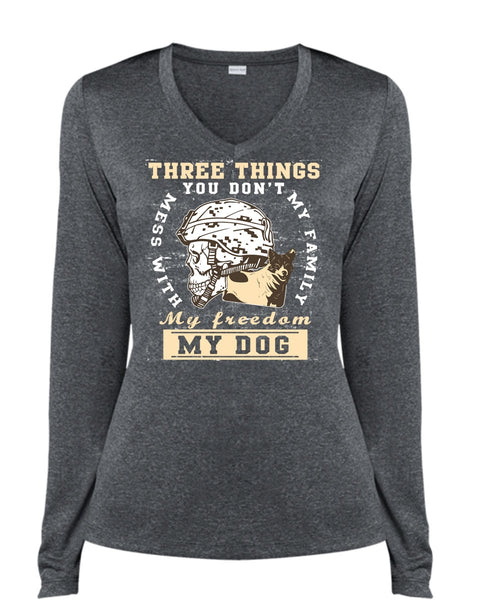 My Family My Freedom My Dog T Shirt, Being A Veteran T Shirt, Cool Shirt (Ladies LS Heather V-Neck)