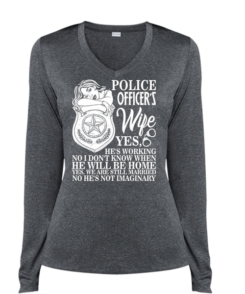 Police Officer's Wife T Shirt, He Will Be Home T Shirt, Cool Shirt (Ladies LS Heather V-Neck)