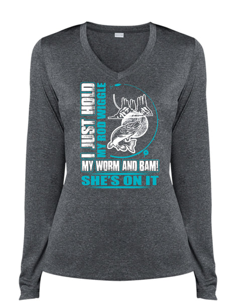 I Just Hold My Rod Wiggle T Shirt, Being A Fisher T Shirt, Cool Shirt (Ladies LS Heather V-Neck)