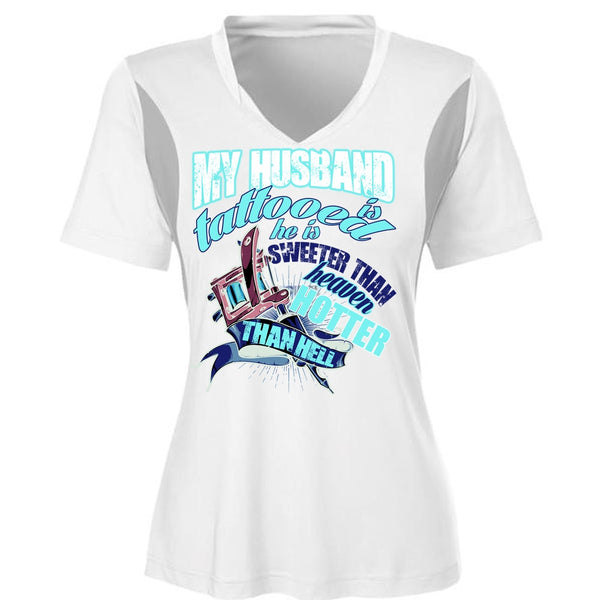 My Husband Is Tattooed T Shirt, He Is Sweeter T Shirt, Cool Shirt (Ladies LS Heather V-Neck)