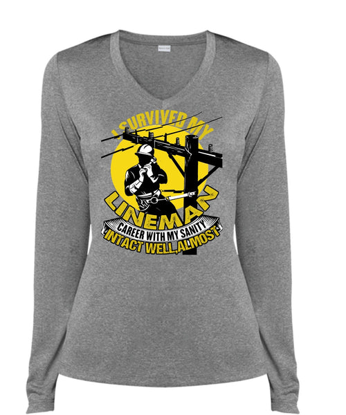 I Survived My Lineman T Shirt, I Love Lineman T Shirt, Cool Shirt (Ladies LS Heather V-Neck)