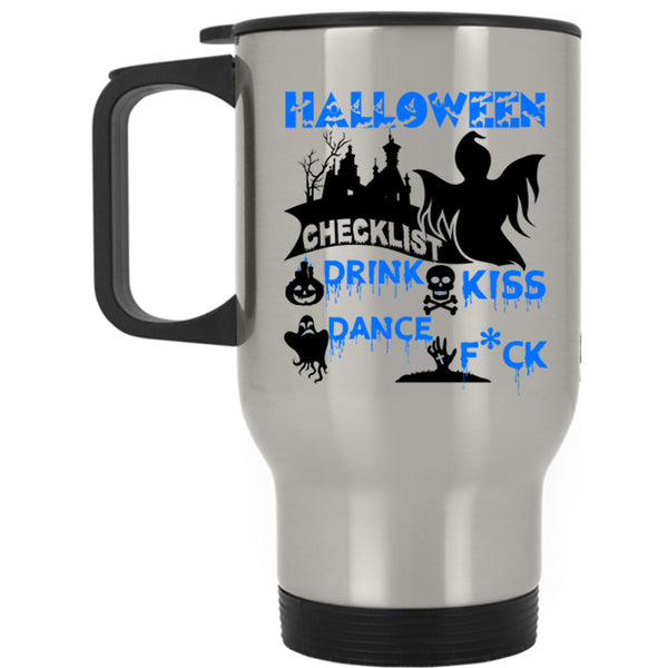 Drink Kiss Travel Mug, Halloween Checklist Mug