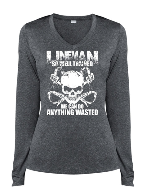 Lineman So Well Trained T Shirt, Being A Lineman T Shirt, Cool Shirt (Ladies LS Heather V-Neck)