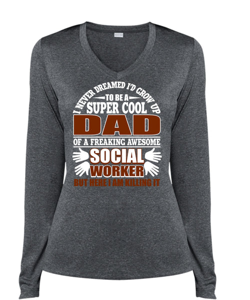 I'd Grow Up To Be A Cool Dad T Shirt, Social Worker T Shirt, Cool Shirt (Ladies LS Heather V-Neck)