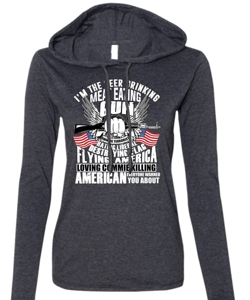 Meat Eating Gun T Shirt, Flying America T Shirt (Anvil Ladies Ringspun Hooded)