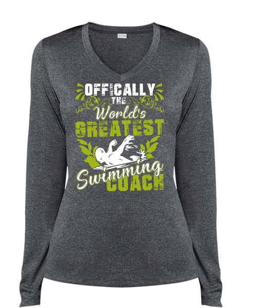 Offically The World's Greatest Swimming Coach T Shirt, Being A Swimmer T Shirt, Cool Shirt (Ladies LS Heather V-Neck)