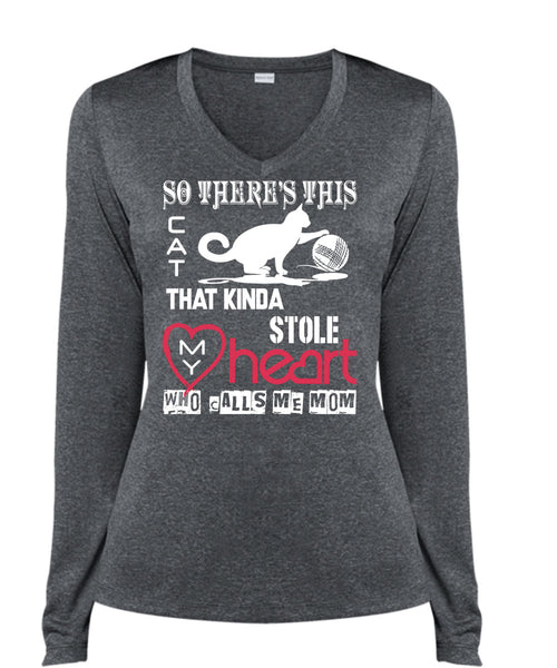 This Cat That Kinda Stole My Heart T Shirt, Calls Me Mom T Shirt, Cool Shirt (Ladies LS Heather V-Neck)