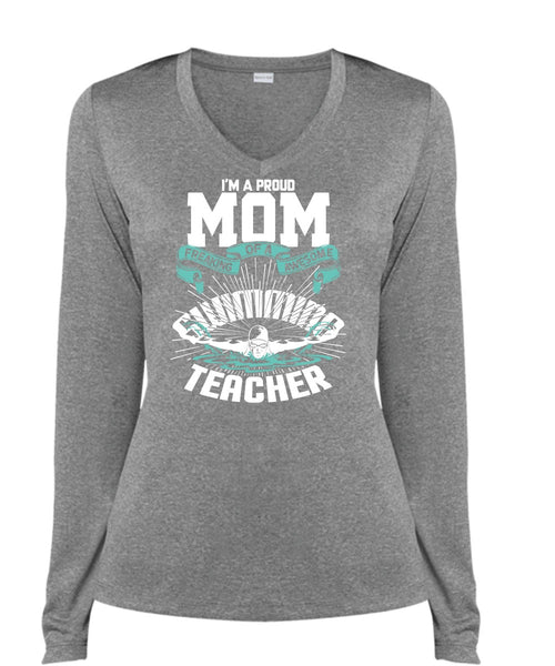 I'm A Proud Mom T Shirt, Awesome Swimming Teacher T Shirt, Cool Shirt (Ladies LS Heather V-Neck)