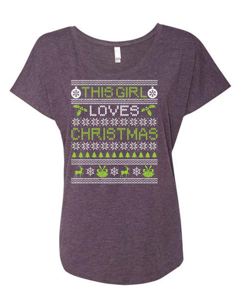 This Girl Loves Christmas T Shirt, Funny Winter T Shirt, Cool Shirt (Ladies' Triblend Dolman Sleeve)