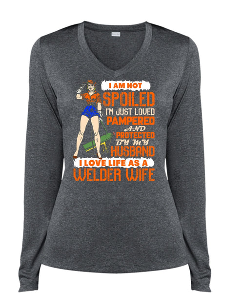 I Love Life As A Welder Wife T Shirt, I'm Just Loved Pampered T Shirt, Cool Shirt (Ladies LS Heather V-Neck)