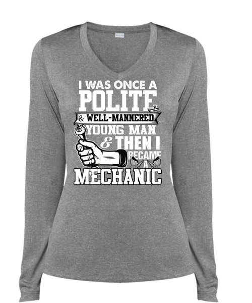 I Became A Mechanic T Shirt, Young Man T Shirt, Cool Shirt (Ladies LS Heather V-Neck)