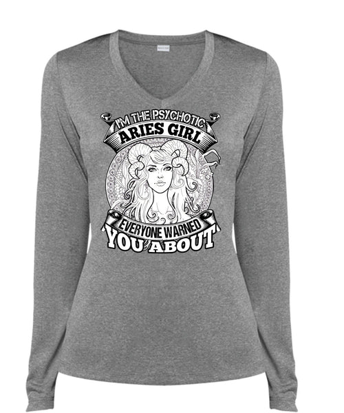 I'm The Psychotic Aries Girl T Shirt, Being An Aries T Shirt, Cool Shirt (Ladies LS Heather V-Neck)