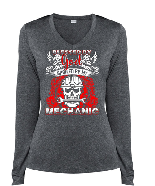 God Spoiled By My Mechanic T Shirt, I Love Mechanic T Shirt, Cool Shirt (Ladies LS Heather V-Neck)