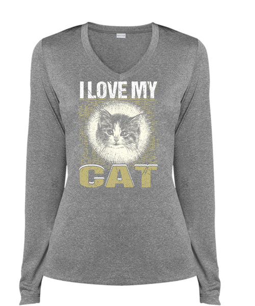 I Love My Cat T Shirt, My Pets T Shirt, Cool Shirt (Ladies LS Heather V-Neck)