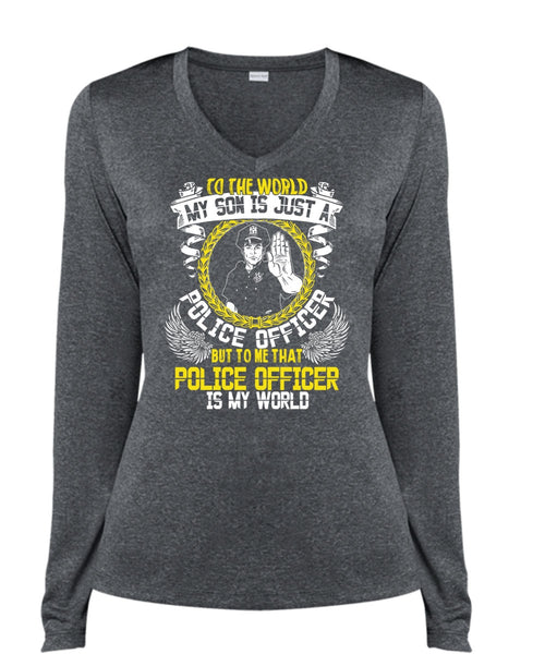 Police Officer Is My World T Shirt, My Son Is Just A Police Officer T Shirt, Cool Shirt (Ladies LS Heather V-Neck)