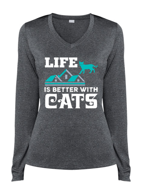 Life Is Better With Cats T Shirt, Cool Pets T Shirt, Home T Shirt (Ladies LS Heather V-Neck)