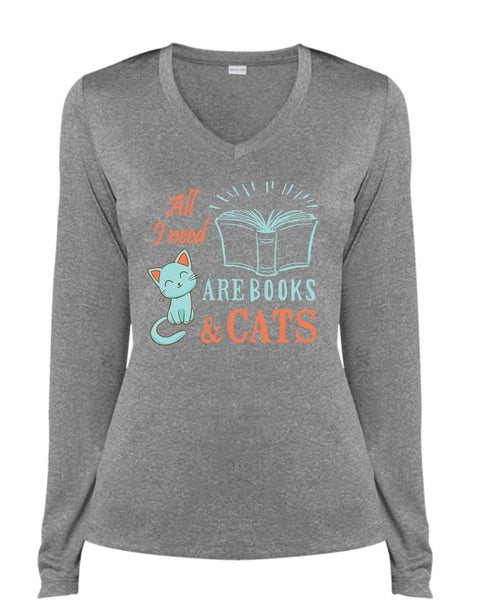 All I Need Are Books And Cats T Shirt, Favorite T Shirt, My Life T Shirt (Ladies LS Heather V-Neck)