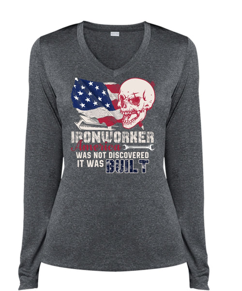 Ironworker America T Shirt, It Was Built T Shirt, Cool Shirt (Ladies LS Heather V-Neck)