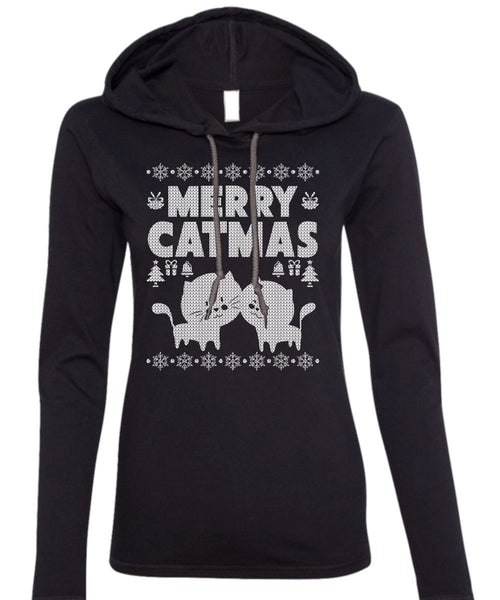 Merry Catmas T Shirt, Funny Winter T Shirt (Anvil Ladies Ringspun Hooded)