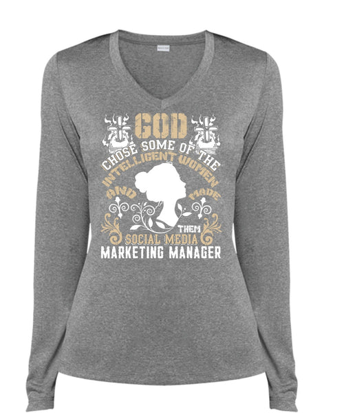 Social Media Marketing Manager T Shirt, Intelligent Women T Shirt, Cool Shirt (Ladies LS Heather V-Neck)