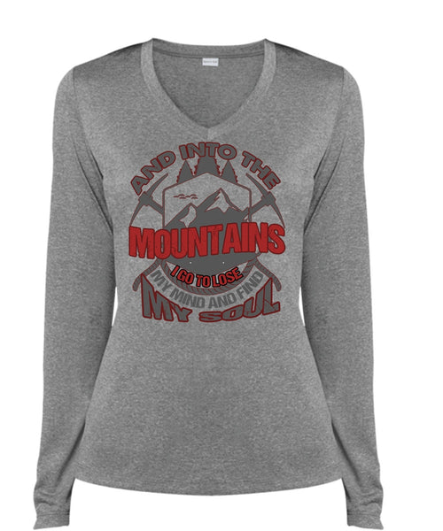 And Into The Mountains T Shirt, Being A Hiker T Shirt, Cool Shirt (Ladies LS Heather V-Neck)