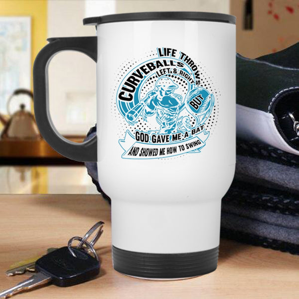 Funny Baseball Player Travel Mug, Life Throws Curveballs Left And Right Mug