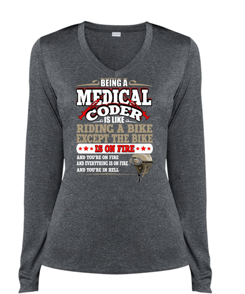 Being A Medical Coder T Shirt, Like Riding A Bike T Shirt, Cool Shirt (Ladies LS Heather V-Neck)