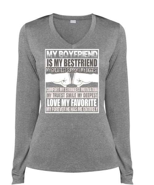 My Boyfriend Is My Best Friend T Shirt, Love My Favorite T Shirt, Cool Shirt (Ladies LS Heather V-Neck)