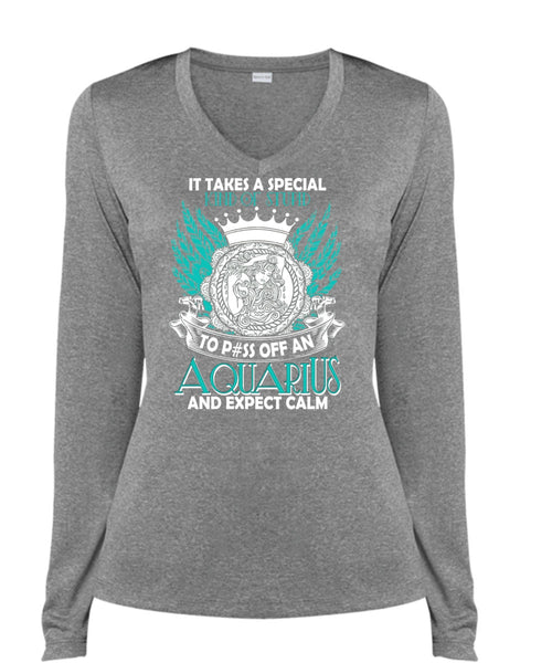 Aquarius And Expect Calm T Shirt, Kind Of Stupid T Shirt, Cool Shirt (Ladies LS Heather V-Neck)