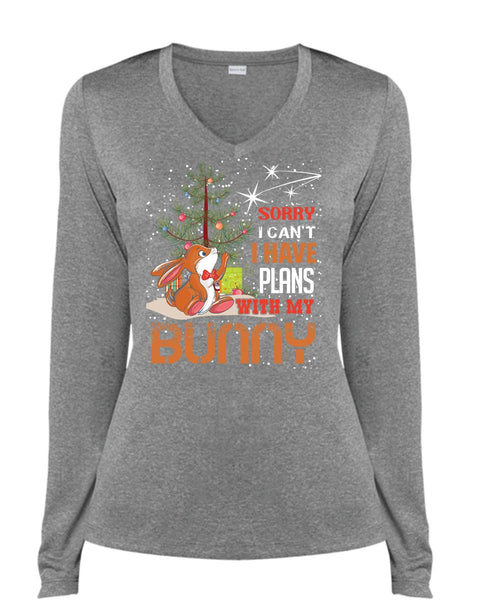 I Have Plans With My Bunny T Shirt, I Love Christmas T Shirt, Cool Shirt (Ladies LS Heather V-Neck)