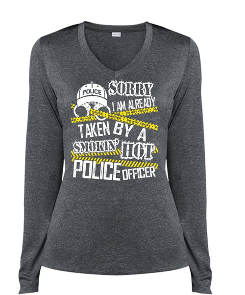 I Am Already Taken By A Police Officer T Shirt, Being A Police T Shirt, Cool Shirt (Ladies LS Heather V-Neck)
