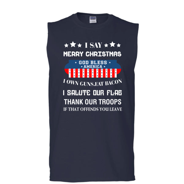 I Say Merry Christmas T Shirt, God Bless America T Shirt, Cool T Shirt (Men's Cotton Sleeveless)